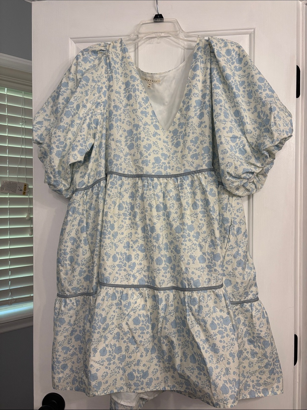 Ivory & Light Blue Floral Puff-Sleeve Mini Dress